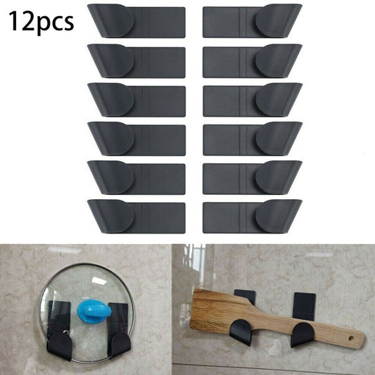 12Pcs Wall-Mounted Pot Lid Storage Holder Home Kitchen Organizer ABS Spoon Pan Pot Cover Racks Kitchen Accessories Utensil Black